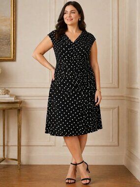 Lauren Ralph Lauren Polka Dot Faux Wrap Midi Dress Black White 16 Classic Chic